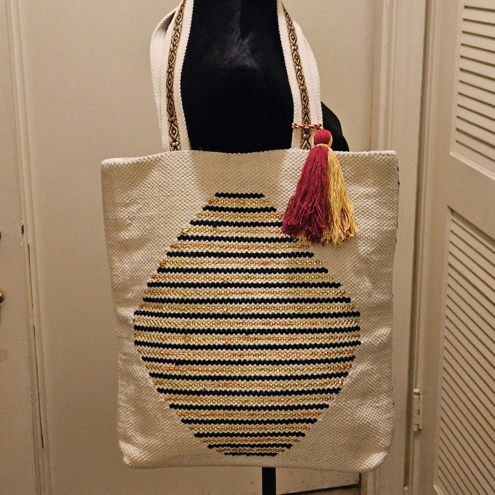 Large Ashiana London Tote Bag Natural Beige. Tassel 15"x15"